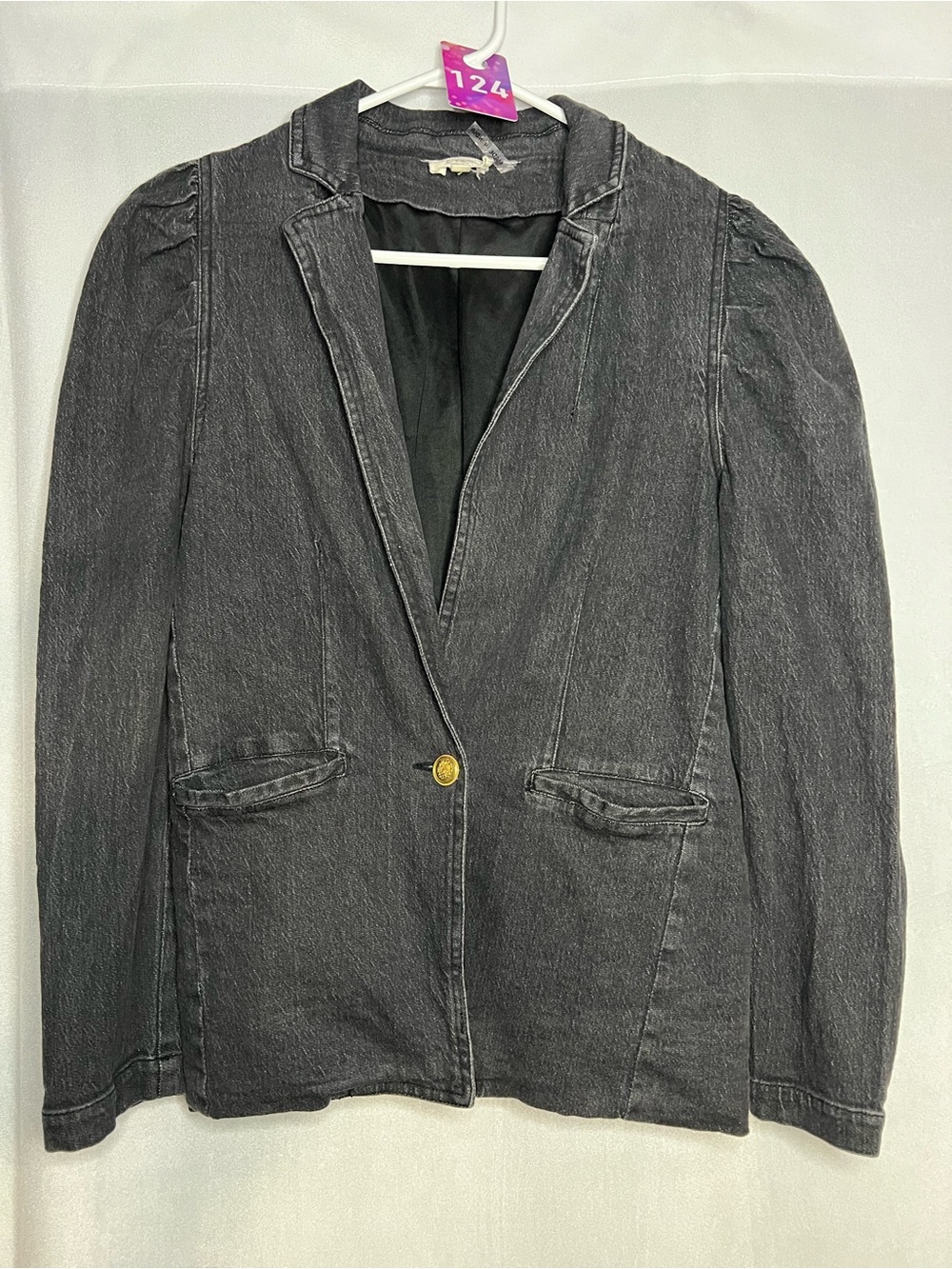 Elan Women’s Medium Black Denim Blazer Jacket PTP 18.5” when buttoned.